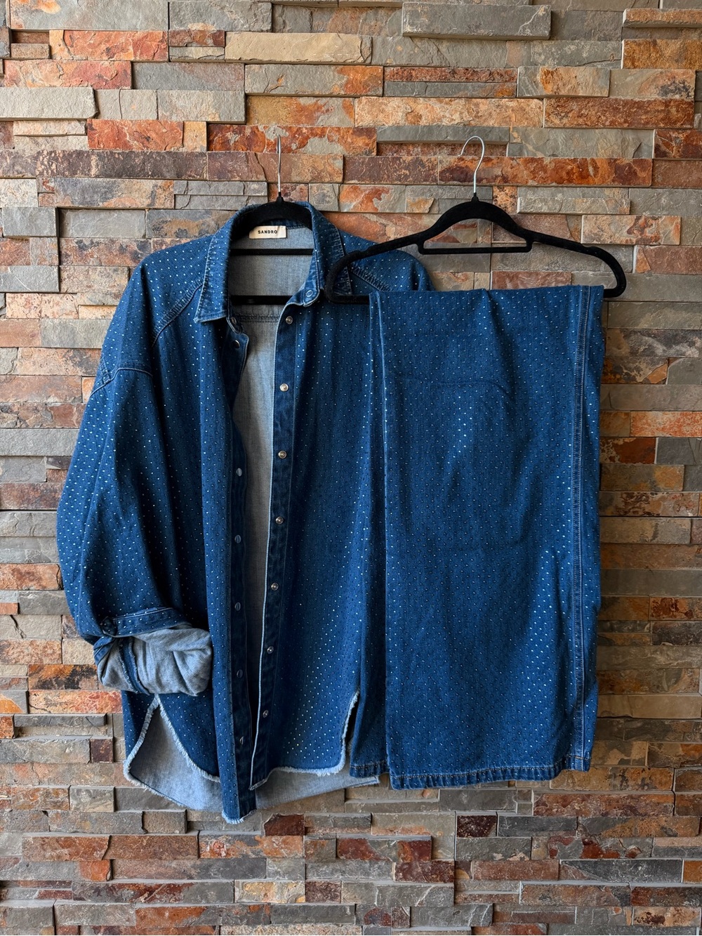 Sandro Denim Button-Up Shirt and pants Set in Indigo with Subtle sequin Detail